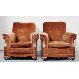 Pair of oak framed deep easy chairs, brown dralon upholstery.