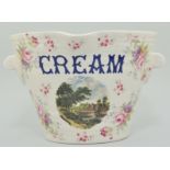 Ironstone cream pail, 20th century, titled 'Cream', central landscape signed J C Van Hunnik,