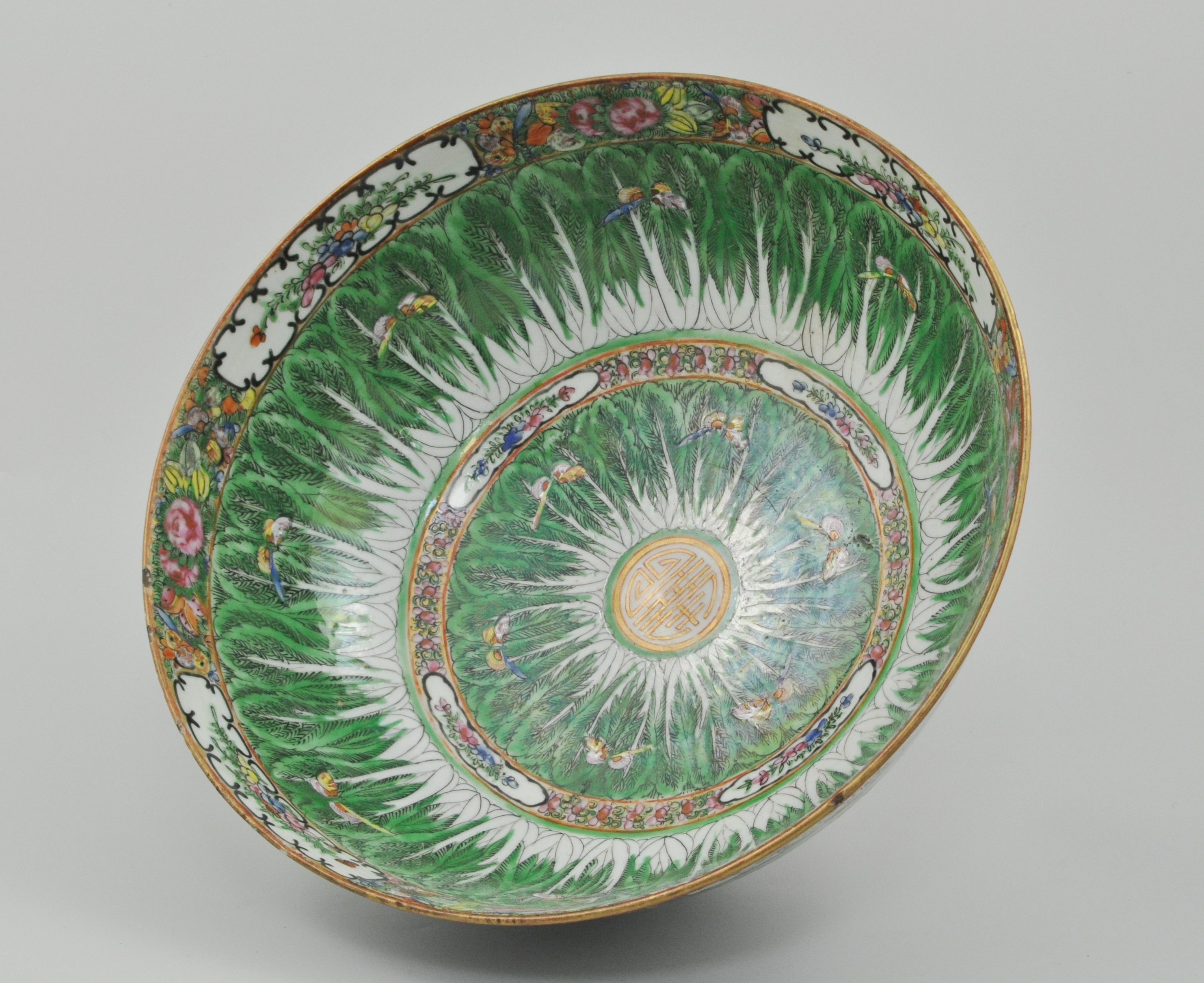 20th Century Chinese Famille Verte bowl, decorated with butterflies amongst foliage, floral borders,