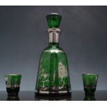 Murano green glass and silvered liquor set, comprising a mallet shape decanter,