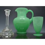 Six Brierley crystal zodiac goblets, engraved, 15cm, a green glass jug and two beakers,