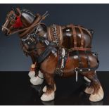 Beswick model of harnessed horse, Burnham Beauty, brown coloured,