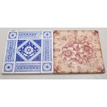 Four Minton blue and white tiles, 15cm and other tiles.