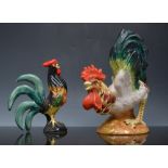 Three Italian pottery models of cockerels, 20cm and smaller, Scottish pottery models of crofts,