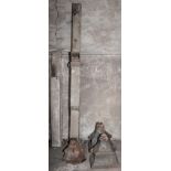 Pair of cast iron drain pipe hoppers, 33cm, a similar corner hopper and two metal down pipes, (5).