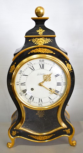 Reproduction Louis IV style ebonised moon shape bracket clock, white enamel dial signed Le Cestel,