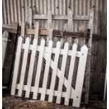 Part painted wooden gate, width 121cm, height 167cm, a white painted gate and a stained pine gate,