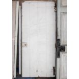 Painted pine four plank door, 190cm x 84cm and four other similar doors of various sizes, (5).