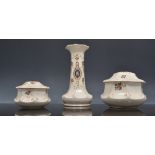 Pottery dressing table set, comprising a ring stand, hatpin stand, a pair of candlesticks,