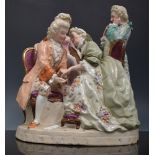 Continental porcelain group, modelled with four figures, two seated, 25cm.