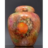 Staffordshire fine bone china ginger jar, decorated with fruit, 18cm, a similar mug and jug (3).