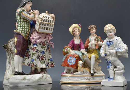 Continental porcelain group, shepherdess and boy piper, 16cms, another group,