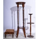 Reproduction oak box seat stool, width 53cms, two oak stands, and oak smoker's companion,
