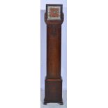 Oak-cased grandmother clock, square silvered chapter ring, movement striking on eight gongs, 140cms.