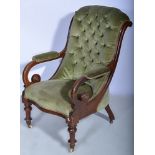 Victorian mahogany easy chair, upholstered in buttoned celadon coloured dralon, scrolled open arms,