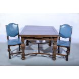 Oak draw-leaf dining table, deep frieze, bulbous semi-fluted supports, 210 x 107cms overall,