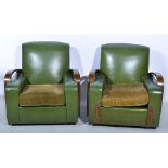 1930's three-piece lounge suite, green rexine upholstery, with wooden arm rails,