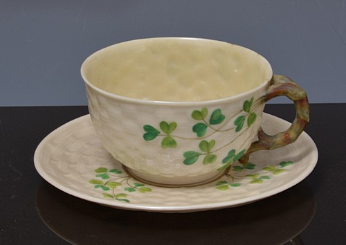 Belleek half tea set, basket weave moulded, decorated with shamrocks,