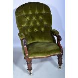 Victorian mahogany easy chair, upholstered in buttoned green dralon,