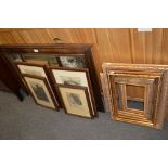 Oak overmantel, centre mirror panel, flanked by photogravures, width 100cms, pencil drawing,