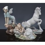 Lladro model of a unicorn, 23cms, a Lladro model of a sleeping fairy and a Lladro model of a pixie,