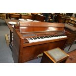 Eavestaff mini piano, walnut cased, length 144cm, with stool.