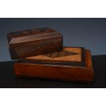 Victorian walnut work box, with Tunbridge ware bands, part fitted interior, width 38cms,