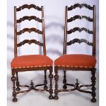 Set of six Continental stained wood high-back dining chairs, carved and scrolled rails,