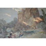 After William Russell Flint, Spanish river landscape with figures in the foreground,