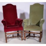 Easy chair, upholstered in celadon coloured dralon, turned rails and legs, width 70cms,