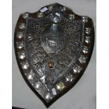 Electroplated shield-shaped trophy, "Kettering Conservative Club Billiard Shield", oak plaque,