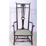 Stained wood high-back elbow chair, vase splat, out-swept arms, upholstered seat, height 112cms.