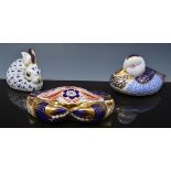 Royal Crown Derby paperweight, modelled as a Mandarin Duck, 12cm and two others,