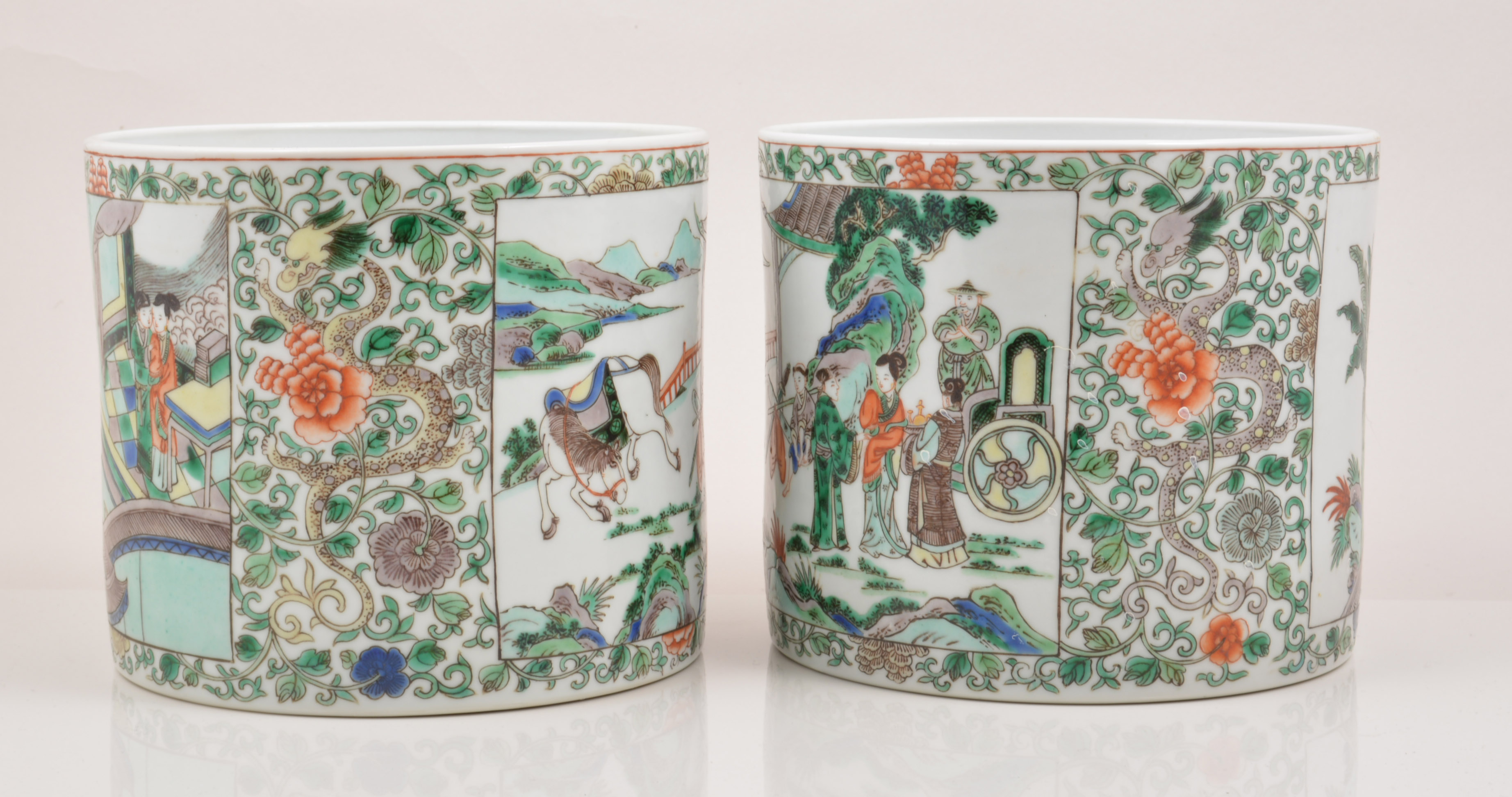 A pair of  Chinese famille verte cylindrical brush pots, 20th Century,