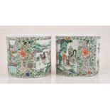 A pair of  Chinese famille verte cylindrical brush pots, 20th Century,