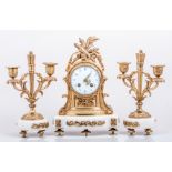 Louis XV style gilt metal and white marble three-piece clock garniture,
