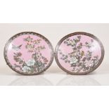 A pair of Japanese cloisonne pink ground circular plaques, slightly concave form,