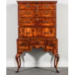 A George II style walnut chest on stand, basically 18th Century, shallow moulded cornice,