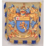 A pair of Victorian painted silk banners, with Arms and Motto, QUOD DIXI DIXI, 52 x 47cm.