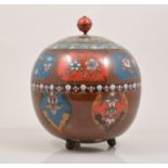 A Chinese cloisonne brown ground near spherical jar, lapettes filled with stylised flowers,