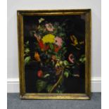 A Victorian reverse painted panel, decorated with birds and flowers, gilt frame,