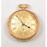 An early Victorian 18ct yellow gold open faced pocket watch, London 1838, bright cut engraved dial,