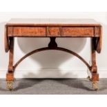 A Regency oak sofa table, broad crossbanding, two frieze drawers incorporating a central tablet,