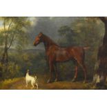 George Garrard
Chestnut horse with a Terrier in landscape,
oil on relined canvas,
65cm x 90cm.