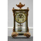 An American lacquered brass and electro-copper four glass table clock, Ansonia, New York,