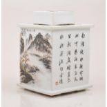 A Chinese porcelain polychrome tea caddy, signed Ye Ting Wang Ping, Republic period, square section,