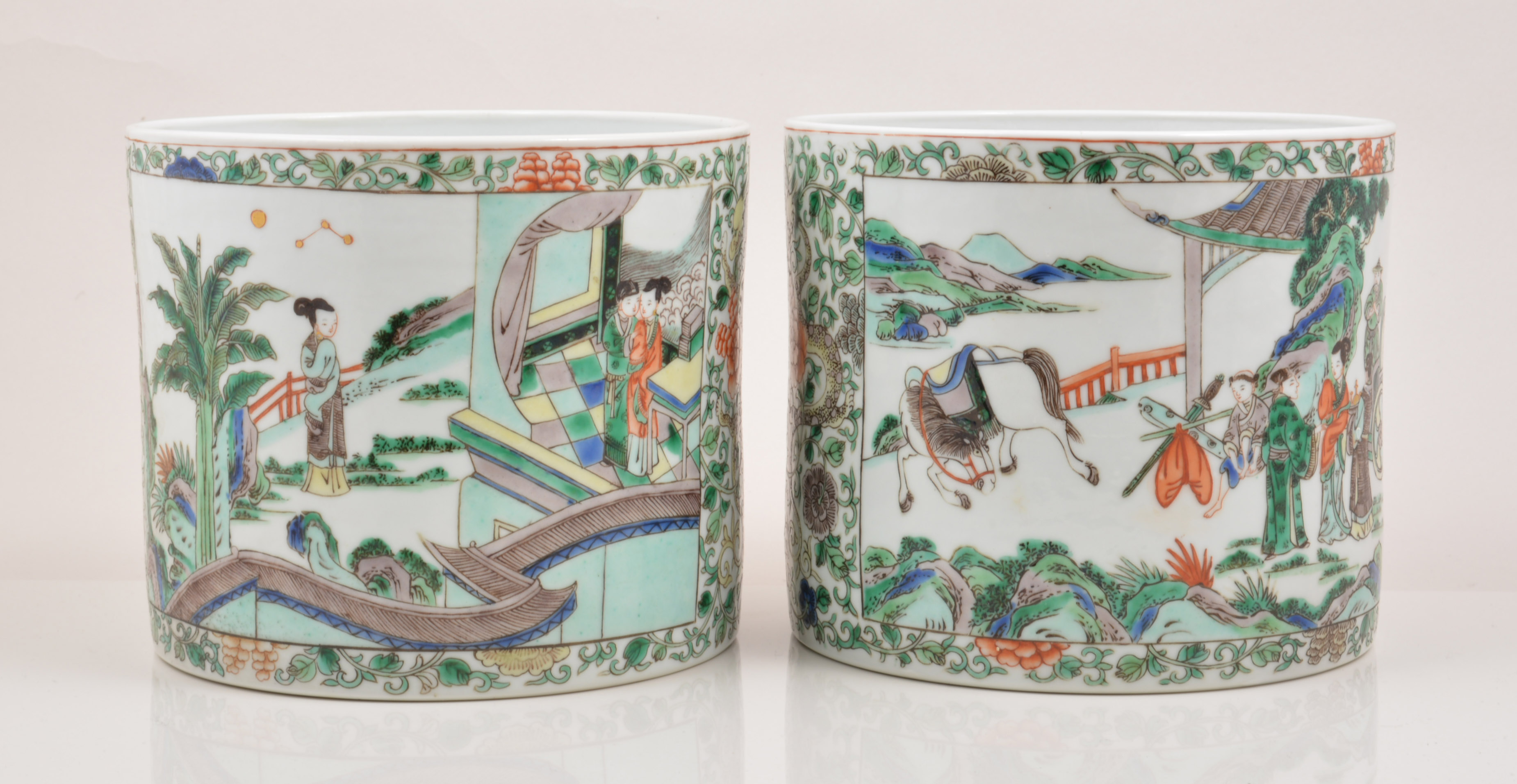 A pair of  Chinese famille verte cylindrical brush pots, 20th Century, - Image 2 of 4