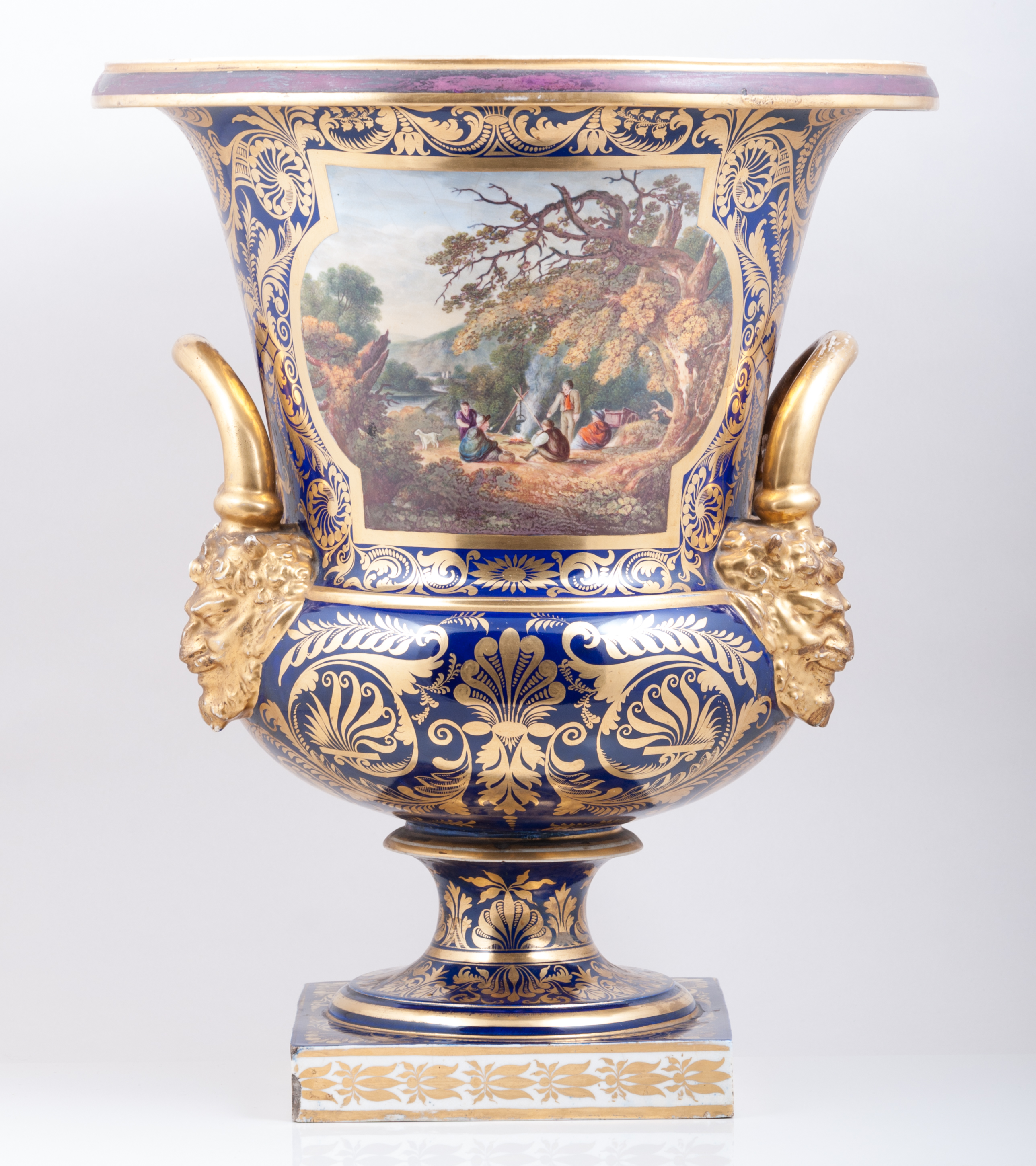 A large and impressive Derby campana shape urn, early 19th Century, royal blue ground, puce banding,