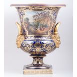 A large and impressive Derby campana shape urn, early 19th Century, royal blue ground, puce banding,