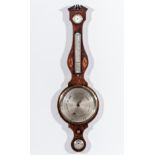 An early Victorian inlaid mahogany banjo shape wall barometer, silvered charts,